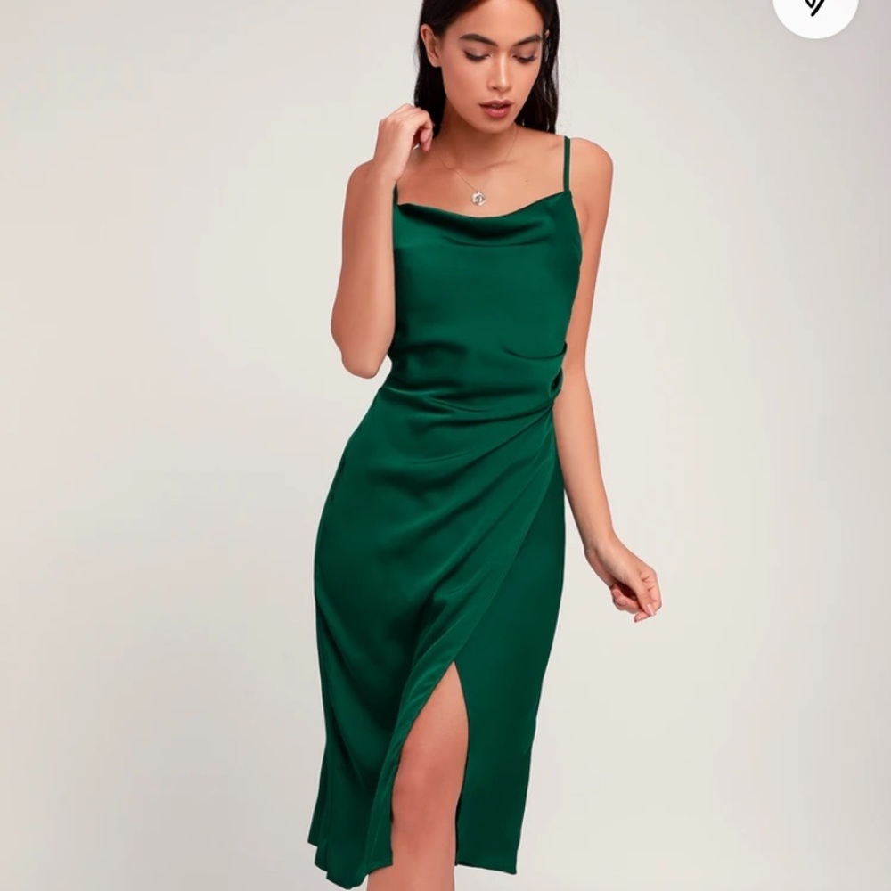 Hollywood Woman Forest Green Satin Midi Dress